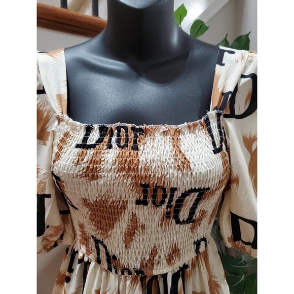 Mina Collection Beige & Brown Square Neck Half Sleeve Knee Length Dress Small - Picture 2 of 13